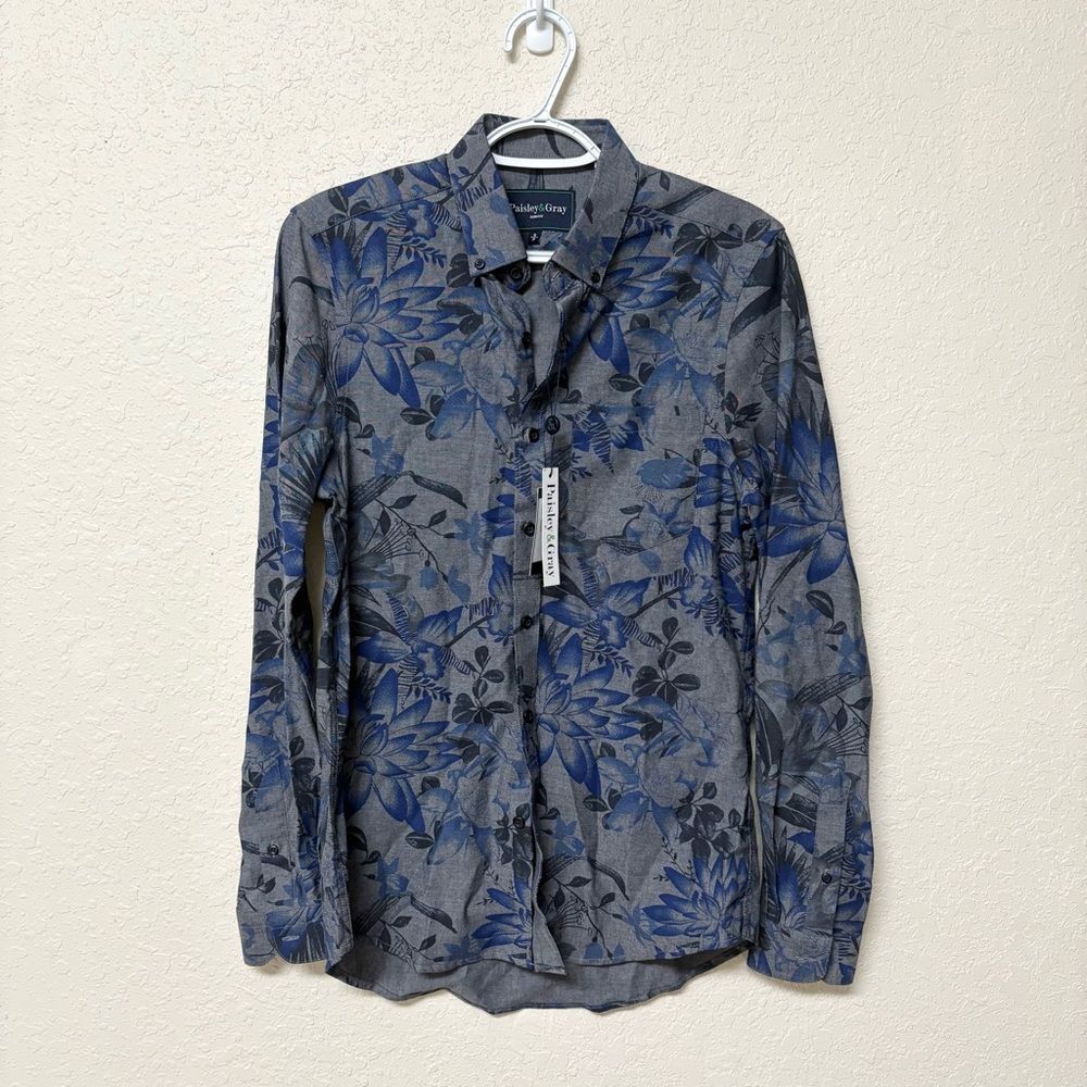 NWT Paisley & Gray Long Sleeve Button Down Shirt Blue Gray Floral Men’s Size S